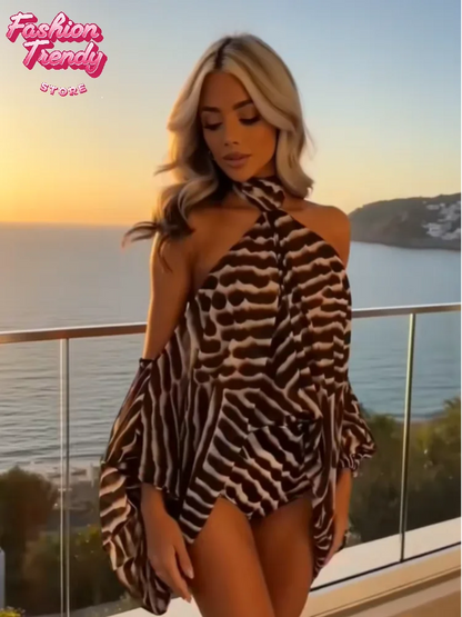 Y2k Mixed Leopard Zebra Two Piece Set Tie Halter Cut Out Shoulder Flared Sleeve Top High Cut Bodycon Shorts Sets Night Out Suit