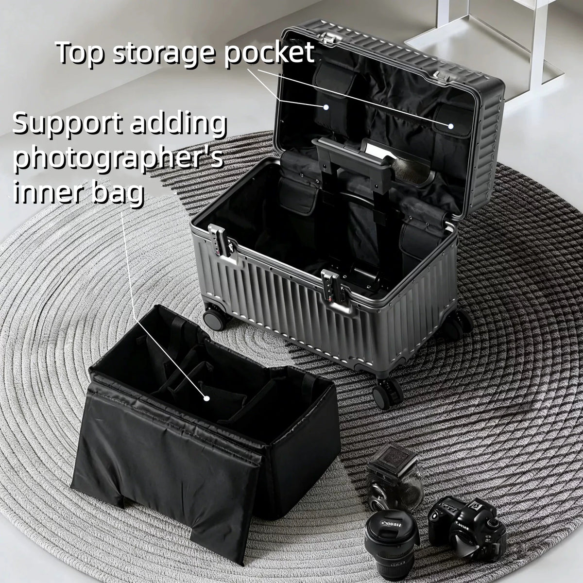 Top Opening Suitcase 18inch Boarding Carry-on Travel Photographer Rolling Luggage PC Material with Aluminum Alloy Frame TSA Lock
