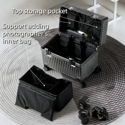 Top Opening Suitcase 18inch Boarding Carry-on Travel Photographer Rolling Luggage PC Material with Aluminum Alloy Frame TSA Lock
