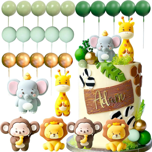 24PCS Cute Jungle Baby Shower Cake Decoration Safari Animals Cake Decoration Giraffe Monkey Elephant Lion Cake Topper
