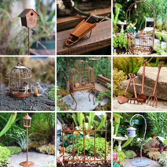 Miniature Metal Fairy Garden Accessories Rusty Ornaments Vintage Decoration Mini Arch Gate Birdcage Bird House Pick Fence Lamp