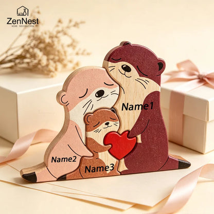 Cute Otter Family Wood Puzzle Ornament Red Heart Tabletop Decor Mother's Day Christmas Birthday Home Office Souvenir Gift