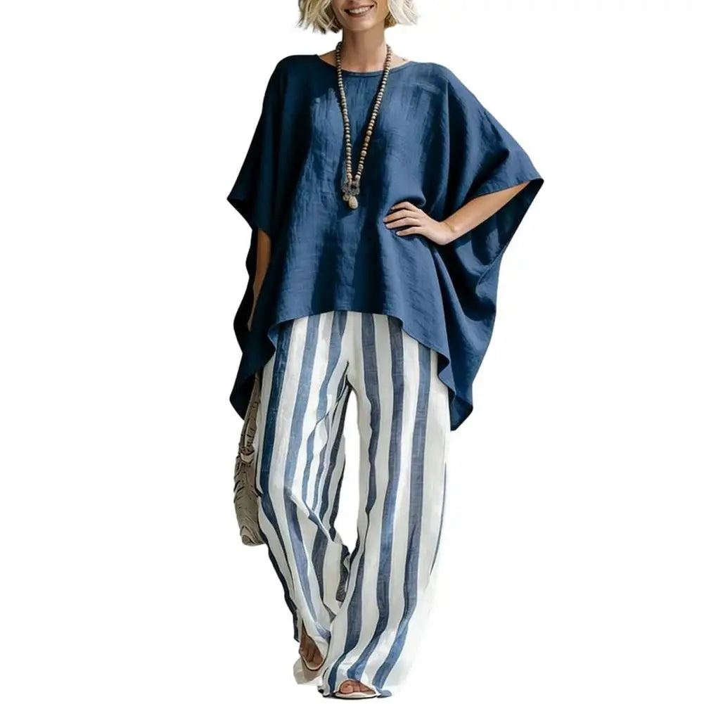 Women T-shirt Pants Two Piece Set Summer O-Neck Short Batwing Sleeves Shirt Striped Trousers Loose Casual Top Pants Suit Casual