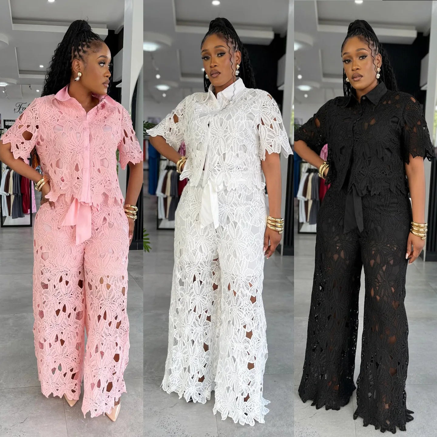 Streetwear Hollow Out Lace Casual Pants Outfits Sexy Women Two Pieces Club Matching Set Top+Trousers