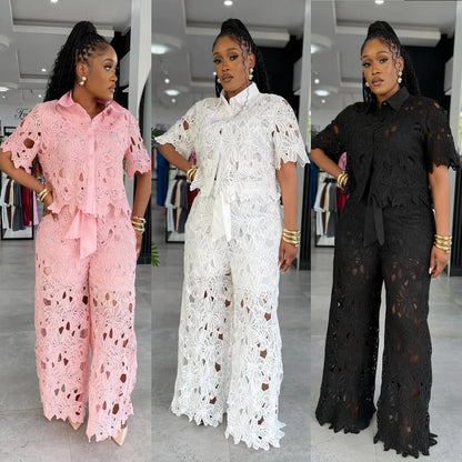 Streetwear Hollow Out Lace Casual Pants Outfits Sexy Women Two Pieces Club Matching Set Top+Trousers