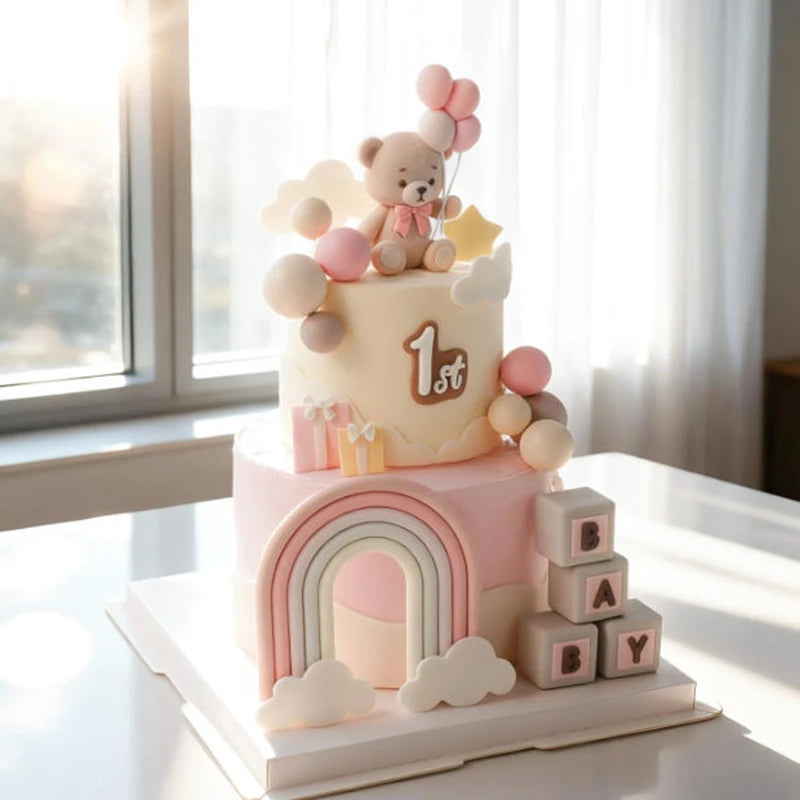 Pink Bear Dolls Cake Topper Girl Birthday Party Cake Decor Kids Birthday Cake Bakings Baby Shower Gifts Wedding Cake Decoratings