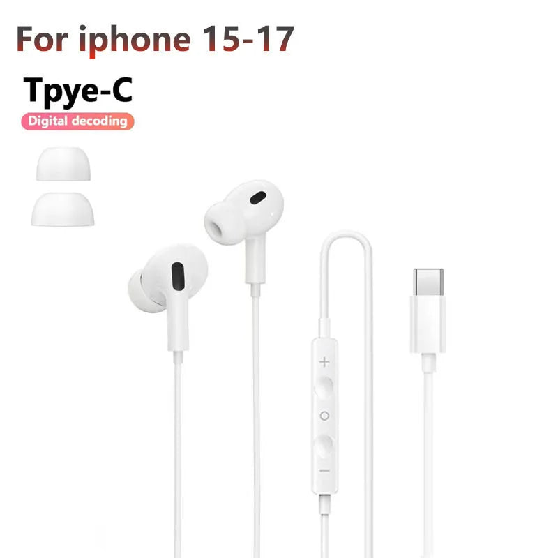 Original Wired Earphones Type C for iPhone 17 Pro Max 16 15 USB C Headphone Wire With Microphone Hifi Stereo Sprot Music Earbuds
