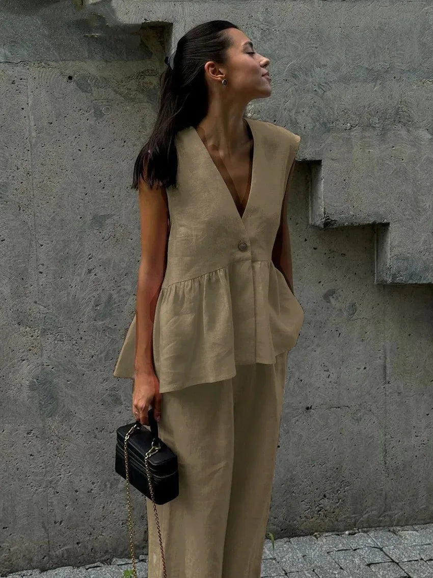 2026 V-neck sleeveless top, vest and long pants suit, solid-color two-piece set