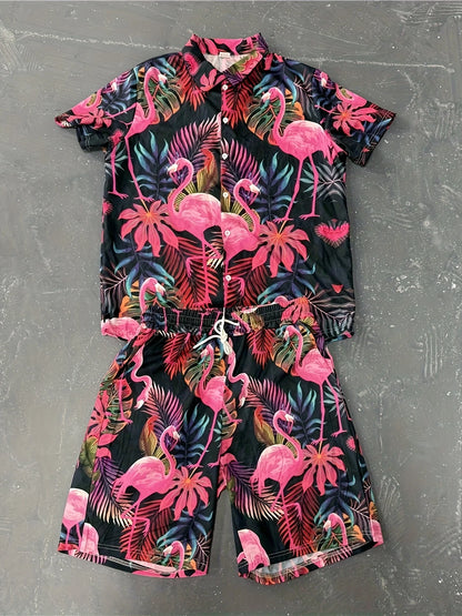 Men'S Summer 2025 Hawaiian Flamingo Pattern Short Sleeve Shirt and Shorts Set Casual Loose Fit for Vacation and Daily Wear