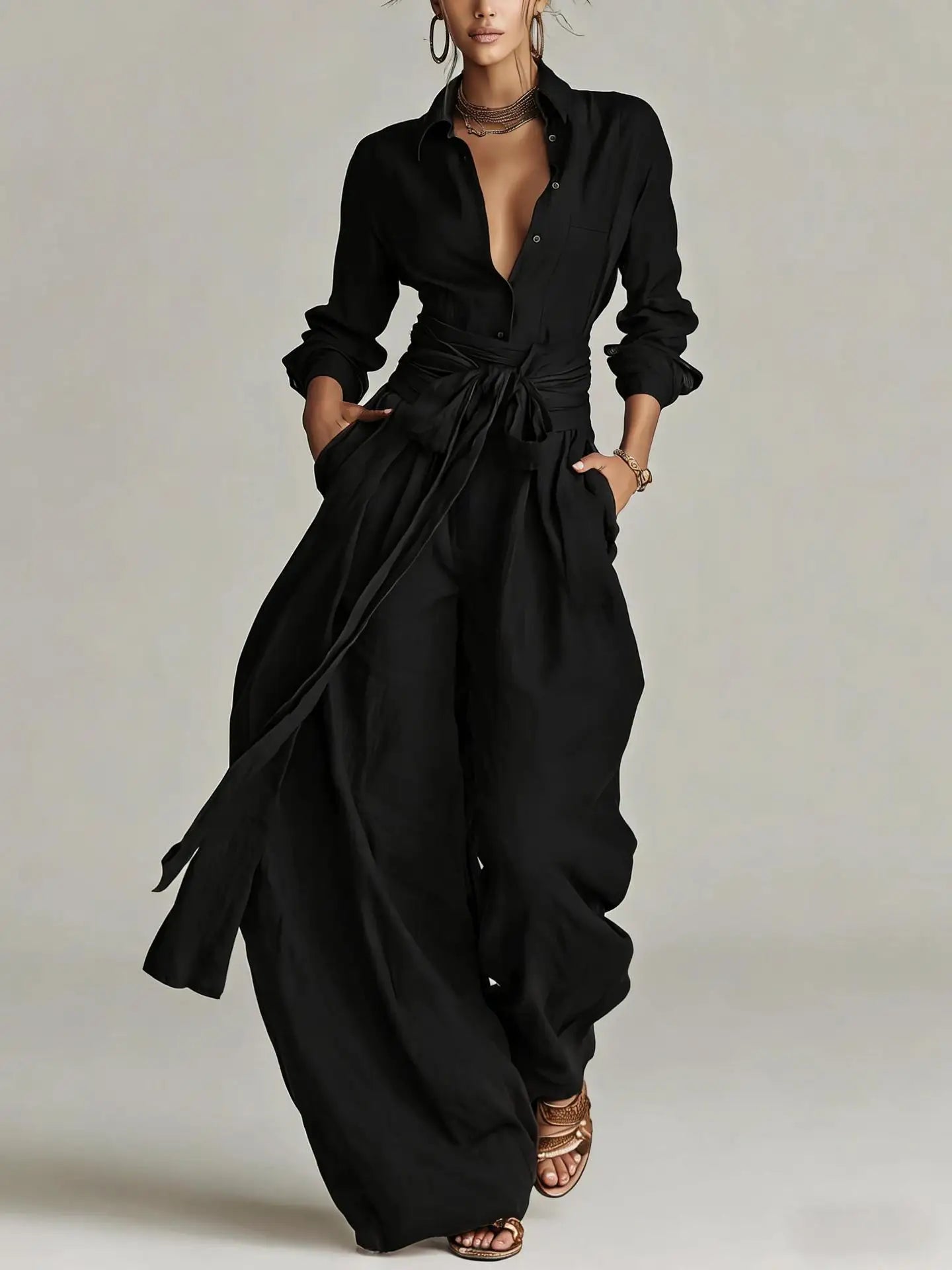 Temperament Female Two Piece Set Summer Fashion Lapel Strap Design Wide Leg Pants Suit With Pocket Lady High Waist Office Outfit
