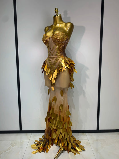 Women Sexy Strapless Mesh Maxi Long Dress Sparkly Gold Rhinestone Sequin Evening Party Gown Luxury Nightclub Birthday Prom Dress