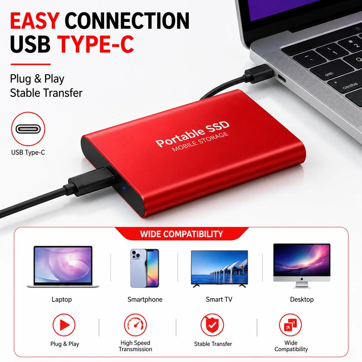 2TB External Hard Drive 4TB Portable SSD USB-C High-Speed Storage Disk for File Backup Compact & Durable