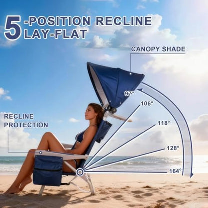 Beach Chair with Umbrella and Canopy Shade, Aluminum Backpack Beach Chairs for Adults, Adjustable Sun Shade, 5 Position