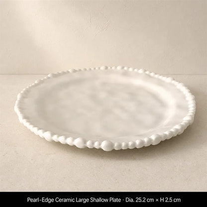 Color Value White French Pearl Edge Ceramic Dinnerware Set Elegant Steak Plate Bowl for Home Kitchen Dining