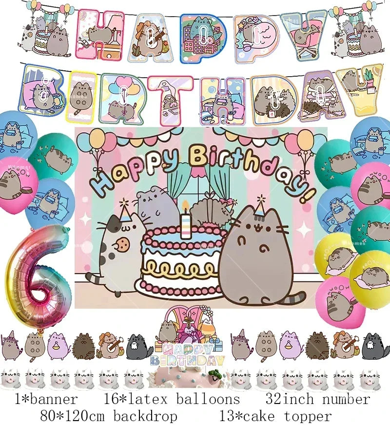 The Pusheen Cat Balloons Birthday Decoration Party Supplies Cartoon Grey Pet Fat Cat Theme Banner Backdrop Cake Topper Sticker