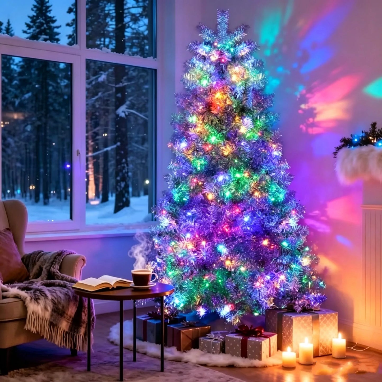 6FT Sliver Pre-Lit Artificial Christmas Tree Hinged Full Tree with Metal Stand 800 Branch Tips 300 LED Lights 11 Lighting Modes Holiday Decoration Tree for Indoor and Outdoor