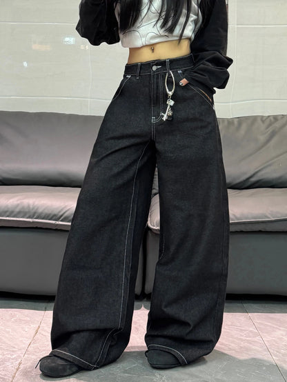 American High Street Cartoon Print Design Black Women's Loose Wide Leg Jeans Y2K Street Fashion Versatile Trousers