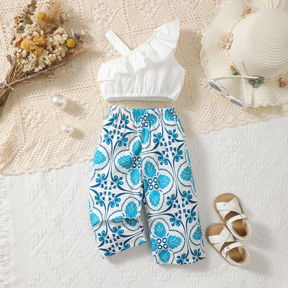 Baby Girl Summer Two-Piece Set Fashionable Cute Refreshing Sloping Shoulder Camisole Top with Floral Print Pants Outfit for Infa