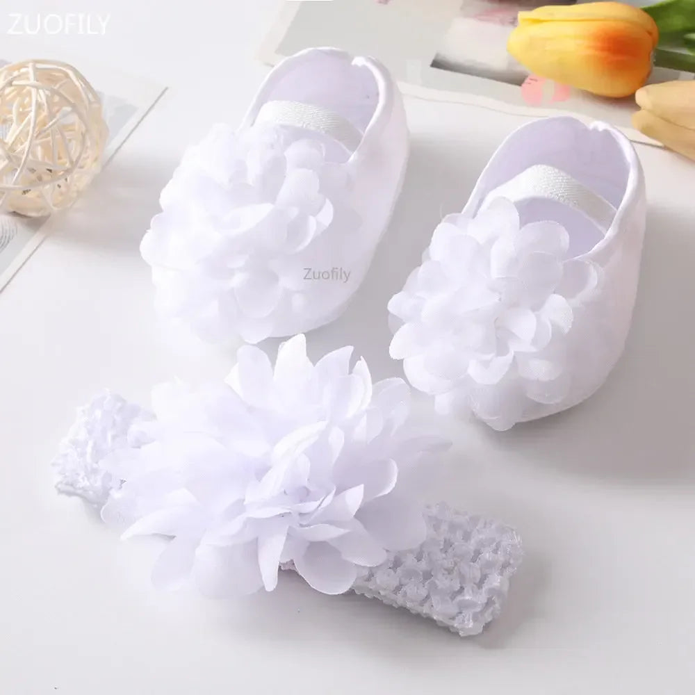 Spring Infant Baby Girl Shoes Newborn Lace Flowers Headband Anti-Slip Soft Sole First Walkers Toddler Kids Cotton Baptism Shoes