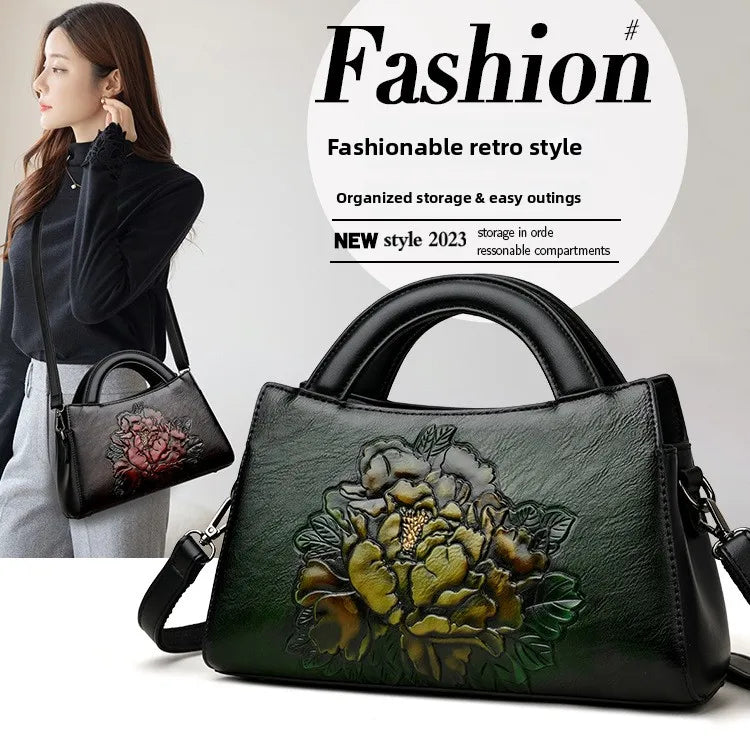 Peony Print Handbag Single Shoulder Bag Women's Retro Style National Trend Crossbody Bag Medium Hardness Daily Use Zipper Clo...