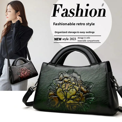 Peony Print Handbag Single Shoulder Bag Women's Retro Style National Trend Crossbody Bag Medium Hardness Daily Use Zipper Clo...