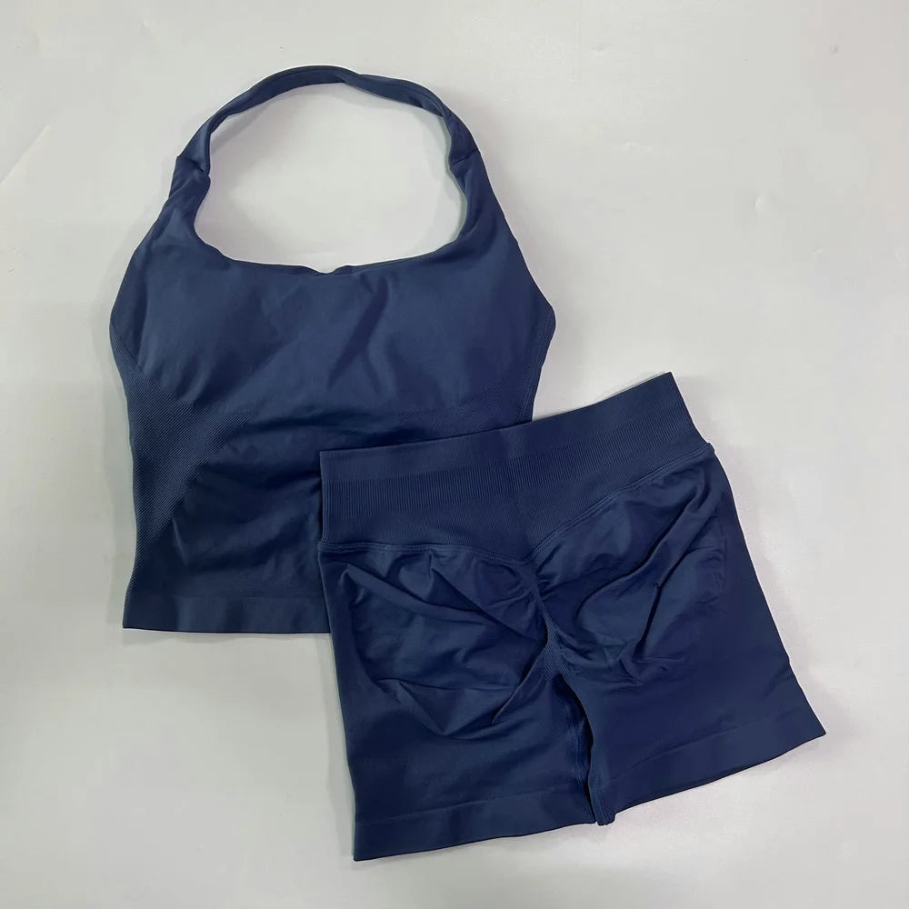 1-2pcs Gym Set Women Backless Tank Tops High Waist Scrunch Seamless Shorts High Waist Yoga Leggings Workout Sets Gym Suit