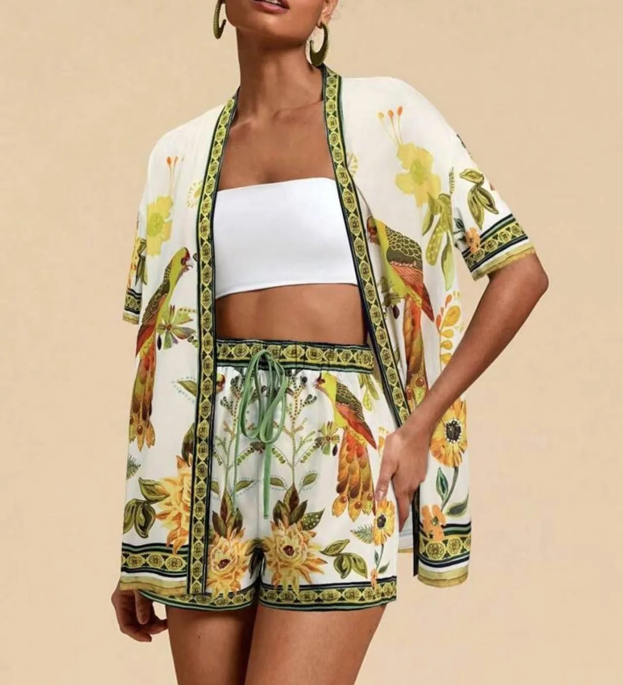 Summer Women's Suit With Shorts Printed Crop Top Short Pants Blue Patterned Set Green Floral Casual Shorts