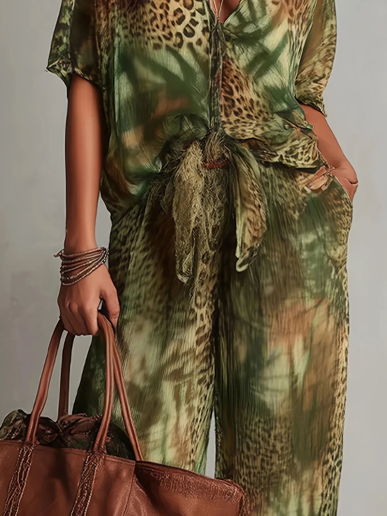 Vintage Women Leopard Print Two Piece Set Elegant Printing V Neck Short Sleeve Knot Front Blouse Wide Leg Pants Suit Outfit