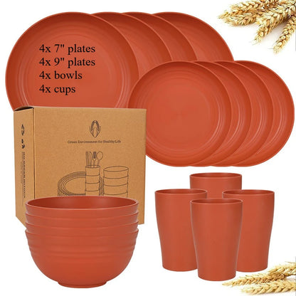 Natural Wheat Straw Tableware Set Dinnerware Sets Biodegradable Unbreakable Plates, Bowls, Cups Lightweight for Kitchen Camping