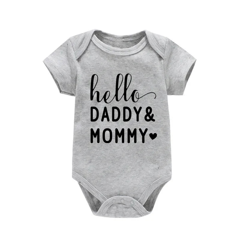 Hello Daddy Mommy Newborn Baby Bodysuit Pure Cotton Short Sleeve Summer Jumpsuit Cute Baby Onesie