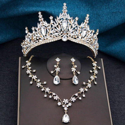 Baroque Wedding Crown for Bride 3-Pack Tiara Earrings Necklace Bridal