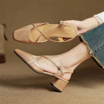 New Genuine Leather Summer Sandals Women Shoes Square Toe Sandals for Women Fashion Versatile Cover Toe Mid Heels Sandals
