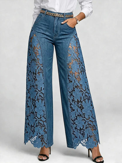 Women High Waist Lace Spliced Wide Leg Denim Jeans Loose Flowy Casual Daily Trousers
