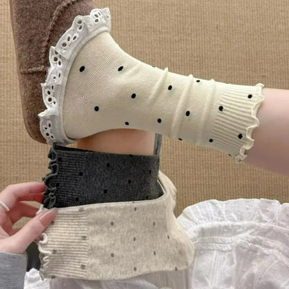 6 Pairs Korean Style Ruffle Edge Socks for Women 6 Pairs Polka Dot Crew Socks High Elastic Breathable Stackable Mid Calf Socks