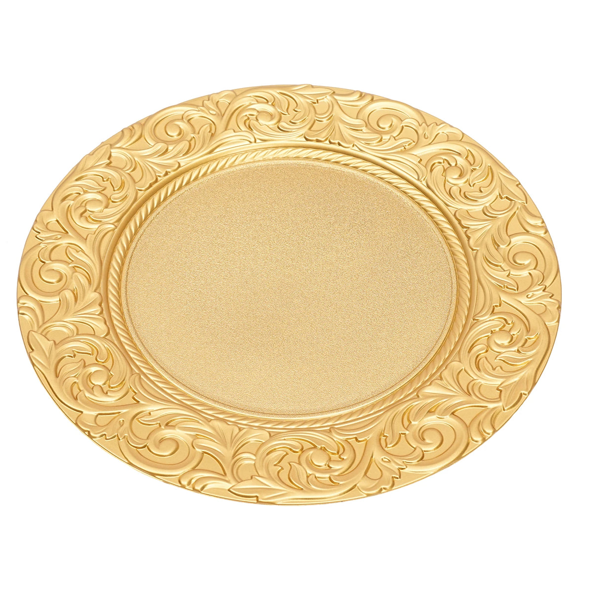 100-Pack Gold Charger Plates – Pp – 13" Embossed Rim – Spray Painted – Stackable – Elegant Wedding Banquet Party Table Decor