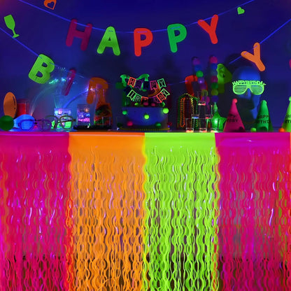 Neon Fluorescent Orange Yellow Fuchsia Wavy Metallic Tinsel Foil Fringe Table Skirts Glow in The Dark Party Supplies Glow Decors