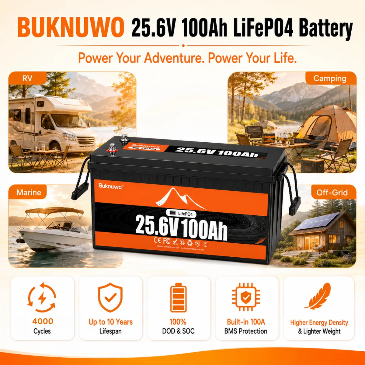 Buknuwo LiFePO4 24V/25.6V 100Ah Lithium Battery With Bluetooth Built-in 100A BMS Grade A Cells 2560Wh Power Energy Storage Battery Low-Temp Protection Capable Of Over 10000 Cycles Support Parallel Battery For Solar,RV,Marine,