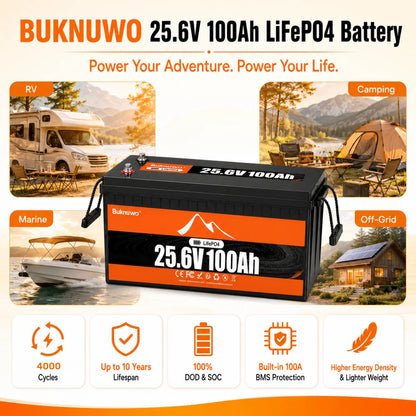 Buknuwo LiFePO4 24V/25.6V 100Ah Lithium Battery With Bluetooth Built-in 100A BMS Grade A Cells 2560Wh Power Energy Storage Battery Low-Temp Protection Capable Of Over 10000 Cycles Support Parallel Battery For Solar,RV,Marine,