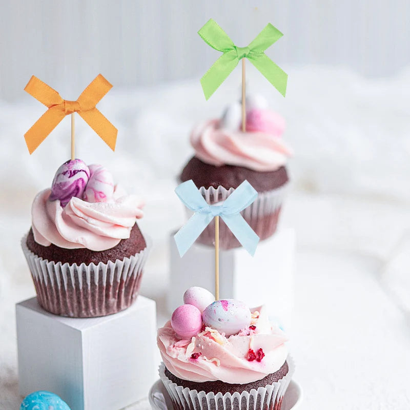 10pcs Pink Bow Cupcake Topper Plugin Dessert Baking Decoration Birthday Themed Party Cake Top Cover Bow Dessert Topper Decor