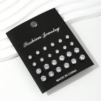 12/24/36 Pairs Shiny Zircon Stud Earrings Set for Women Men Daily Versatile Chic Silver Color Crystal Ear Jewelry Accessories