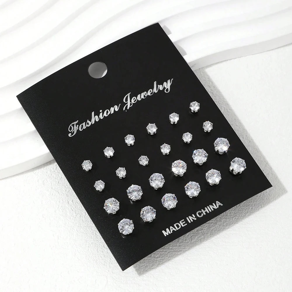 12/24/36 Pairs Shiny Zircon Stud Earrings Set Daily Versatile Chic