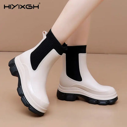Women’s All-Season Black Durable Work Rain Boots, Waterproof Anti-Slip Platform Sole, Korean-Style Outdoor Fashion Boots