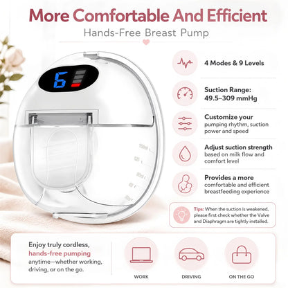 Wearable Electric Breast Pumps 4 Modes 9 Levels Portable Hands Free Breast Pump Silent Comfort for Portable Work Home Travel