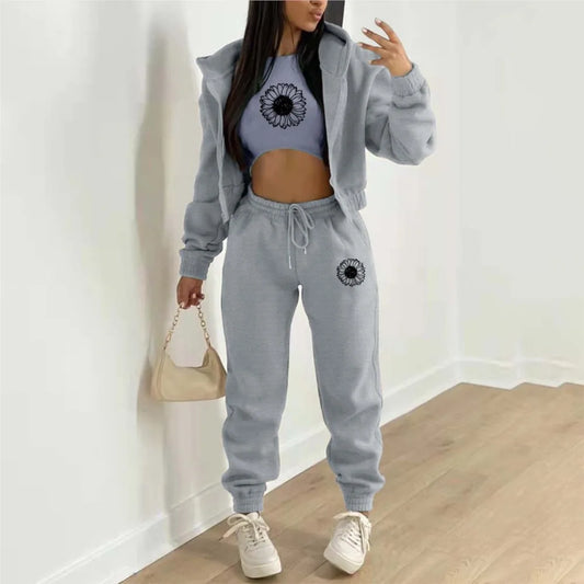 Autumn And Winter New Fleece Hoodie Letter Print Hooded Women's Suit Fashion Loose Casual Sports Pants Female 3 Piece Set 2024