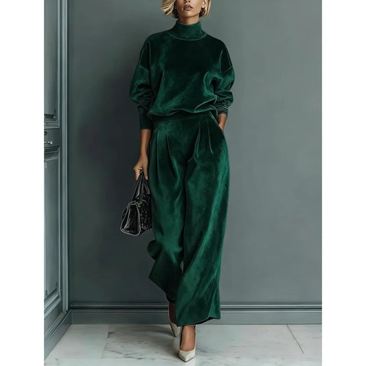 Autumn Winter Fashion High Collar Gold Velvet Long Sleeve Women's Suit Casual Sports Wide Leg Trousers Female Office 2 Piece Set