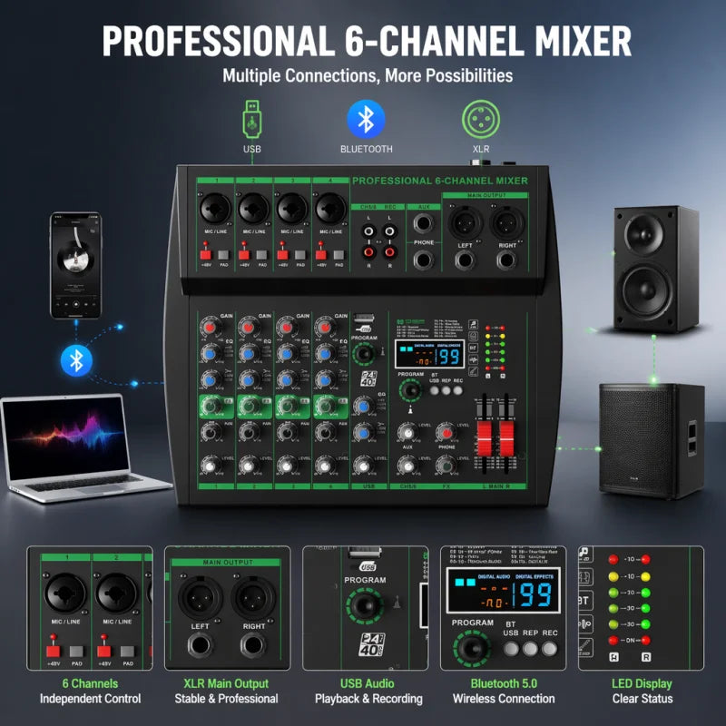 MW-6 Black 6-Channel Audio Mixer with Noise Reduction DJ Console | Bluetooth & USB Playback, Portable Controller Mixer, DSP 99 Preset Effects, Live Streaming, Podcasting, Home Party