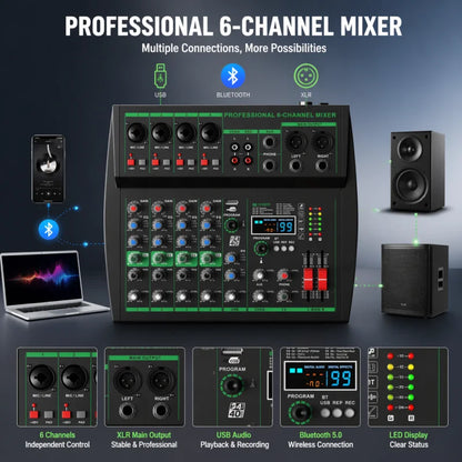 MW-6 Black 6-Channel Audio Mixer with Noise Reduction DJ Console | Bluetooth & USB Playback, Portable Controller Mixer, DSP 99 Preset Effects, Live Streaming, Podcasting, Home Party