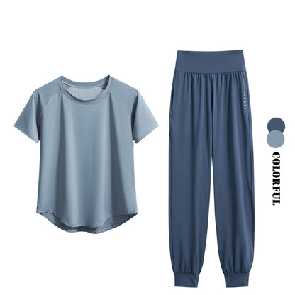 DRUR S-4XL Yoga Set Women Sport Shirts Gym Pants Set 2 Piece Short Fitness Tops Sweatpants Suit Female Summer Sportswear Outfit