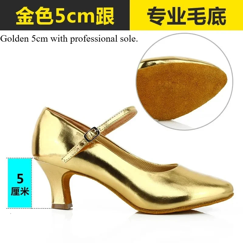 Women Patent Leather Shiny Closed Toe Salsa Shoes Black Gold Silver Red Ballroom Tango Latin Dance Shoes for Woman 5cm/7cm Heels