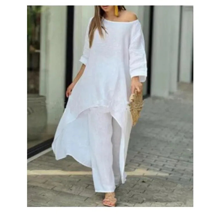 2025 Loose New In Matching Sets Two Piece Outfit 2 Pieces Set For Woman Solid Color Irregular Hem Long Sleeves Wide Legs Trouser